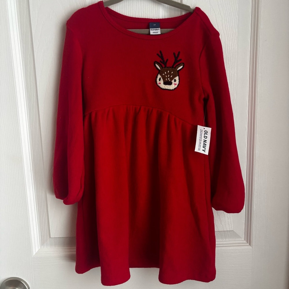 New Old Navy Long-Sleeve Red Dress Toddler 4T Girls with Reindeer